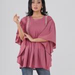 Kaftan Short Tops Round-Neck Gathered-Waist Short Top with Decorative Lace Panel Detailing