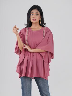 Kaftan Short Tops Round-Neck Gathered-Waist Short Top with Decorative Lace Panel Detailing