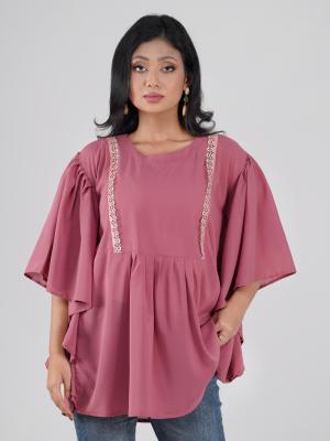 Kaftan Short Tops Round-Neck Gathered-Waist Short Top with Decorative Lace Panel Detailing