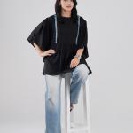 Kaftan Short Top Round-Neck Gathered-Waist Short Top with Decorative Lace Panel Detailing