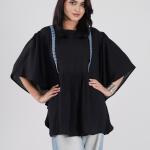 Kaftan Short Top Round-Neck Gathered-Waist Short Top with Decorative Lace Panel Detailing