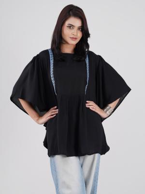 Kaftan Short Top Round-Neck Gathered-Waist Short Top with Decorative Lace Panel Detailing