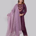 3-piece Straight Kurti with Screenprint Decorative & Embroidery Neck Panel & Matching Pant & printed dupatta