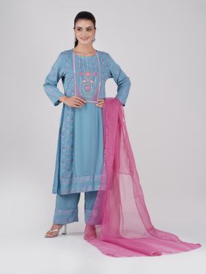 Three-Piece Set , Straight Kurti with Screenprint, Embroidery Neck Panel & Matching Pant & contrast dupatta