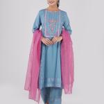 Three-Piece Set , Straight Kurti with Screenprint, Embroidery Neck Panel & Matching Pant & contrast dupatta