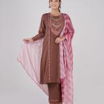 Three-Piece Set ,Straight Kurti with Screenprint Decorative & Embroidery Neck Panel & Matching Pant & printed dupatta