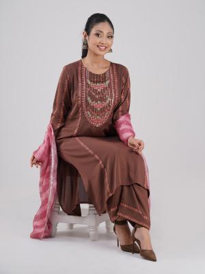 Three-Piece Set ,Straight Kurti with Screenprint Decorative & Embroidery Neck Panel & Matching Pant & printed dupatta