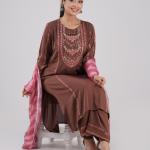 Three-Piece Set ,Straight Kurti with Screenprint Decorative & Embroidery Neck Panel & Matching Pant & printed dupatta
