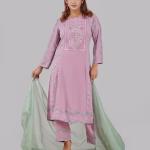 three-piece Set Long Open-Front Kurti with Sequence Embroidery Neckline, Screenprint Panel & Matching Pant & Dupatta  premium quality