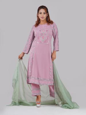 three-piece Set Long Open-Front Kurti with Sequence Embroidery Neckline, Screenprint Panel & Matching Pant & Dupatta  premium quality