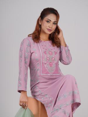 three-piece Set Long Open-Front Kurti with Sequence Embroidery Neckline, Screenprint Panel & Matching Pant & Dupatta  premium quality